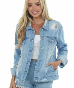 Risen Outerwear Light Denim Heavy Distressed Button Up Jacket