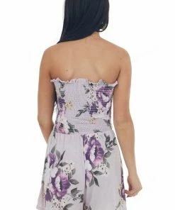 Lime Lush Light Lavender Floral Print Strapless Romper Dresses