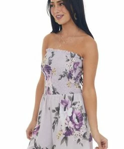 Lime Lush Light Lavender Floral Print Strapless Romper Dresses