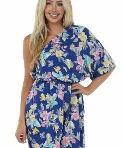 Cotton Bleu Light Navy Floral Print One Shoulder Short Dress 12 Cotton Bleu Light Navy Floral Print One Shoulder Short Dress