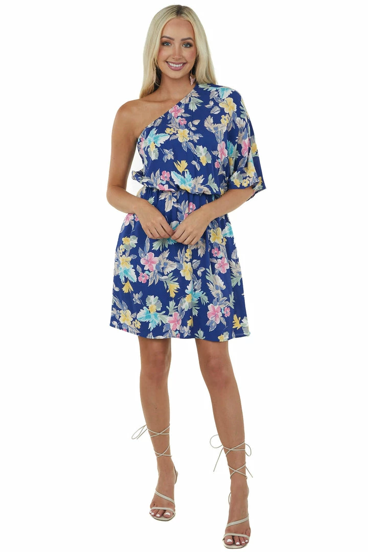 Cotton Bleu Light Navy Floral Print One Shoulder Short Dress 6 Cotton Bleu Light Navy Floral Print One Shoulder Short Dress