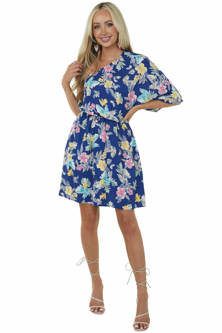Cotton Bleu Light Navy Floral Print One Shoulder Short Dress 7 Cotton Bleu Light Navy Floral Print One Shoulder Short Dress