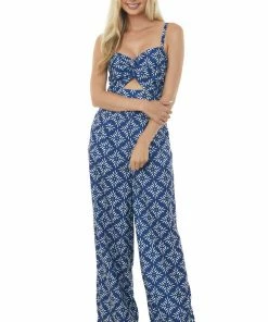 Flying Tomato Light Navy Printed Sleeveless Wide Leg Jumpsuit