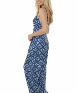 Flying Tomato Light Navy Printed Sleeveless Wide Leg Jumpsuit