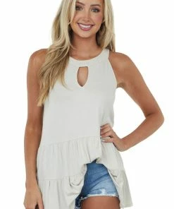 CY Fashion Light Oatmeal Halter Tiered Top With Keyhole Tops