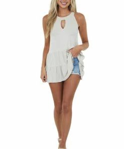 CY Fashion Light Oatmeal Halter Tiered Top With Keyhole Tops