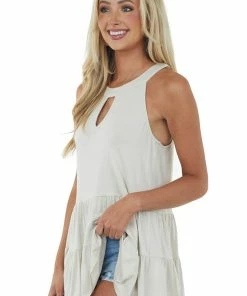 CY Fashion Light Oatmeal Halter Tiered Top With Keyhole Tops