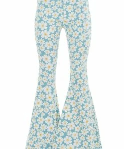 Peach Love Light Ocean Daisy Print High Rise Flare Jeans