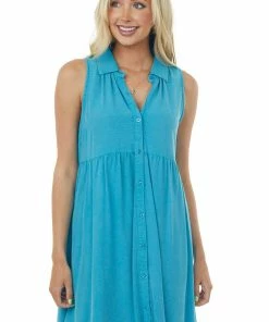 Umgee Dresses Light Ocean Sleeveless Button Up Tiered Short Dress