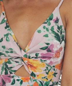 ANGIE Dresses Light Orchid Floral Spaghetti Strap Knot Dress