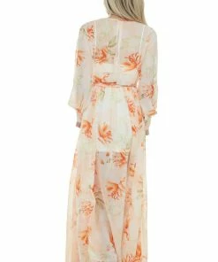 Bighit Fashion Light Peach Floral Print Long Sleeve Sheer Woven Maxi Dress Dresses 23 Bighit Fashion Light Peach Floral Print Long Sleeve Sheer Woven Maxi Dress Dresses