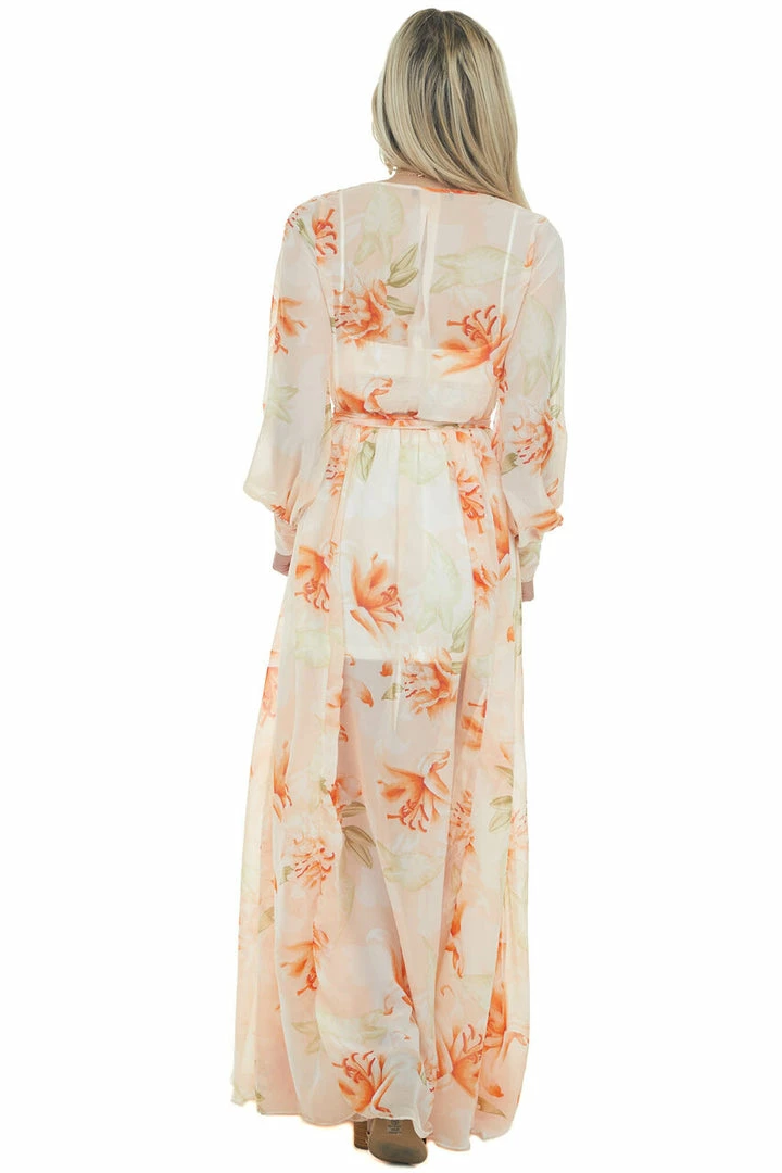 Bighit Fashion Light Peach Floral Print Long Sleeve Sheer Woven Maxi Dress Dresses 8 Bighit Fashion Light Peach Floral Print Long Sleeve Sheer Woven Maxi Dress Dresses