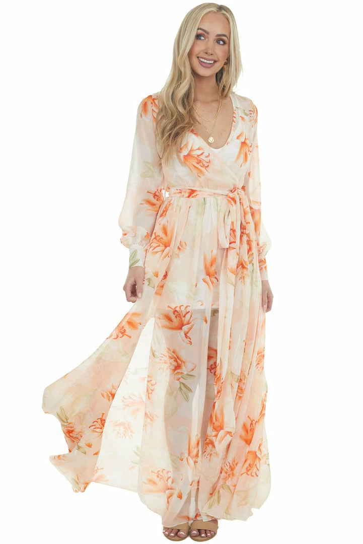 Bighit Fashion Light Peach Floral Print Long Sleeve Sheer Woven Maxi Dress Dresses 4 Bighit Fashion Light Peach Floral Print Long Sleeve Sheer Woven Maxi Dress Dresses