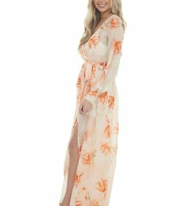 Bighit Fashion Light Peach Floral Print Long Sleeve Sheer Woven Maxi Dress Dresses 22 Bighit Fashion Light Peach Floral Print Long Sleeve Sheer Woven Maxi Dress Dresses