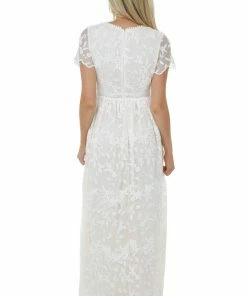 Aakaa Dresses Light Peach And Ivory Lace Plunging V Neck Maxi Dress
