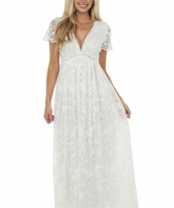 Aakaa Dresses Light Peach And Ivory Lace Plunging V Neck Maxi Dress