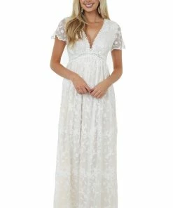 Aakaa Dresses Light Peach And Ivory Lace Plunging V Neck Maxi Dress