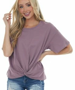 Listicle Light Plum Front Knot Drop Shoulder Knit Tee