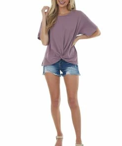 Listicle Light Plum Front Knot Drop Shoulder Knit Tee