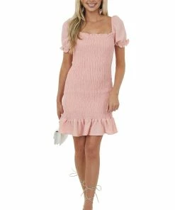 BiBi Light Punch Puff Sleeve Smocked Bodycon Mini Dress