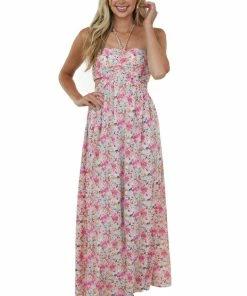 Lush Clothing Dresses Light Raspberry Floral Print Strapless Maxi Dress