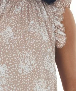 Ces Femme Light Rose Taupe Floral Sleeveless Frilled Top Tops