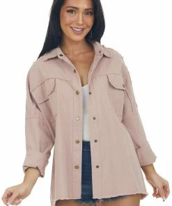 Davi & Dani Light Rose Taupe Fraying Button Down Shacket Tops