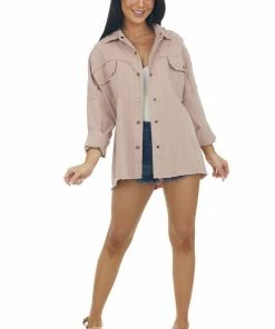 Davi & Dani Light Rose Taupe Fraying Button Down Shacket Tops