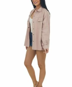 Davi & Dani Light Rose Taupe Fraying Button Down Shacket Tops