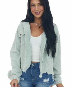 POL Clothing Light Sage Distressed Button Up Corduroy Jacket Outerwear