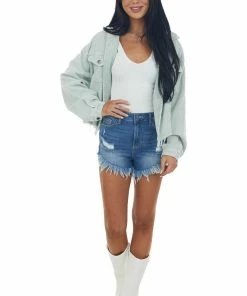 POL Clothing Light Sage Distressed Button Up Corduroy Jacket Outerwear