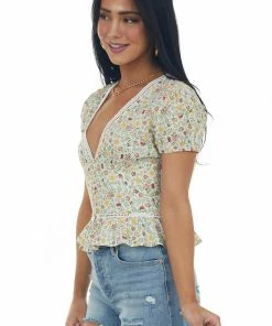 Sweet Lemon Light Sage Ditsy Floral Button Up Peplum Blouse