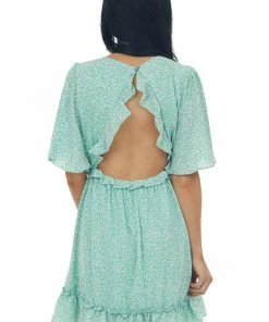 She + Sky Dresses Light Sage Ditsy Floral Open Back Short Dress