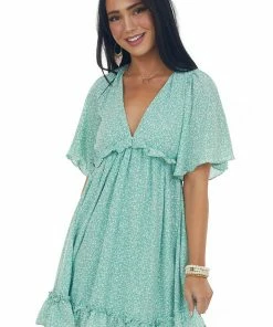 She + Sky Dresses Light Sage Ditsy Floral Open Back Short Dress