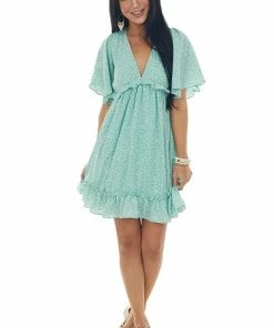 She + Sky Dresses Light Sage Ditsy Floral Open Back Short Dress