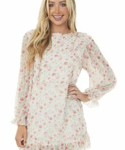 Peach Love Light Sage Floral Bubble Sleeve Mini Dress