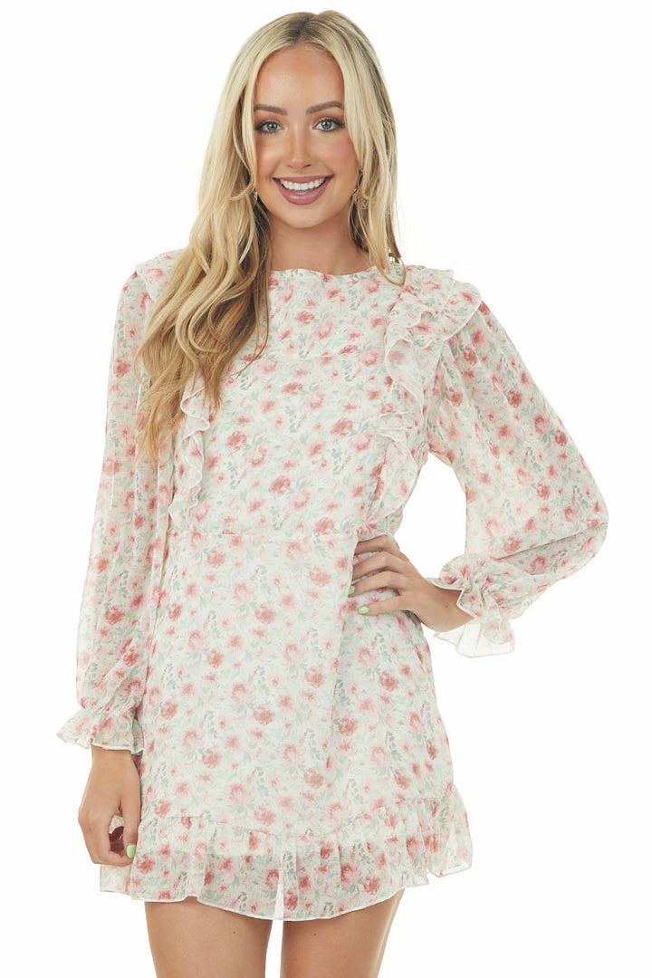 Peach Love Light Sage Floral Bubble Sleeve Mini Dress 3 Peach Love Light Sage Floral Bubble Sleeve Mini Dress