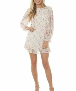 Peach Love Light Sage Floral Bubble Sleeve Mini Dress 10 Peach Love Light Sage Floral Bubble Sleeve Mini Dress