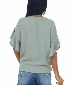 She + Sky Tops Light Sage Ruched Ruffle Sleeve V Neck Blouse