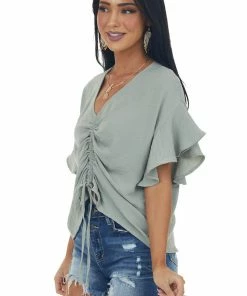 She + Sky Tops Light Sage Ruched Ruffle Sleeve V Neck Blouse