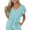 Umgee Light Teal Short Flutter Sleeve Swiss Dot Romper Dresses