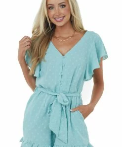 Umgee Light Teal Short Flutter Sleeve Swiss Dot Romper Dresses