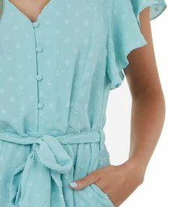 Umgee Light Teal Short Flutter Sleeve Swiss Dot Romper Dresses