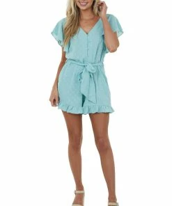 Umgee Light Teal Short Flutter Sleeve Swiss Dot Romper Dresses