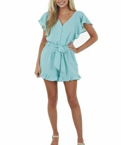 Umgee Light Teal Short Flutter Sleeve Swiss Dot Romper Dresses