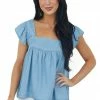 Hayden Light Wash Cap Ruffle Sleeve Babydoll Denim Top
