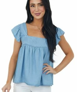 Hayden Light Wash Cap Ruffle Sleeve Babydoll Denim Top