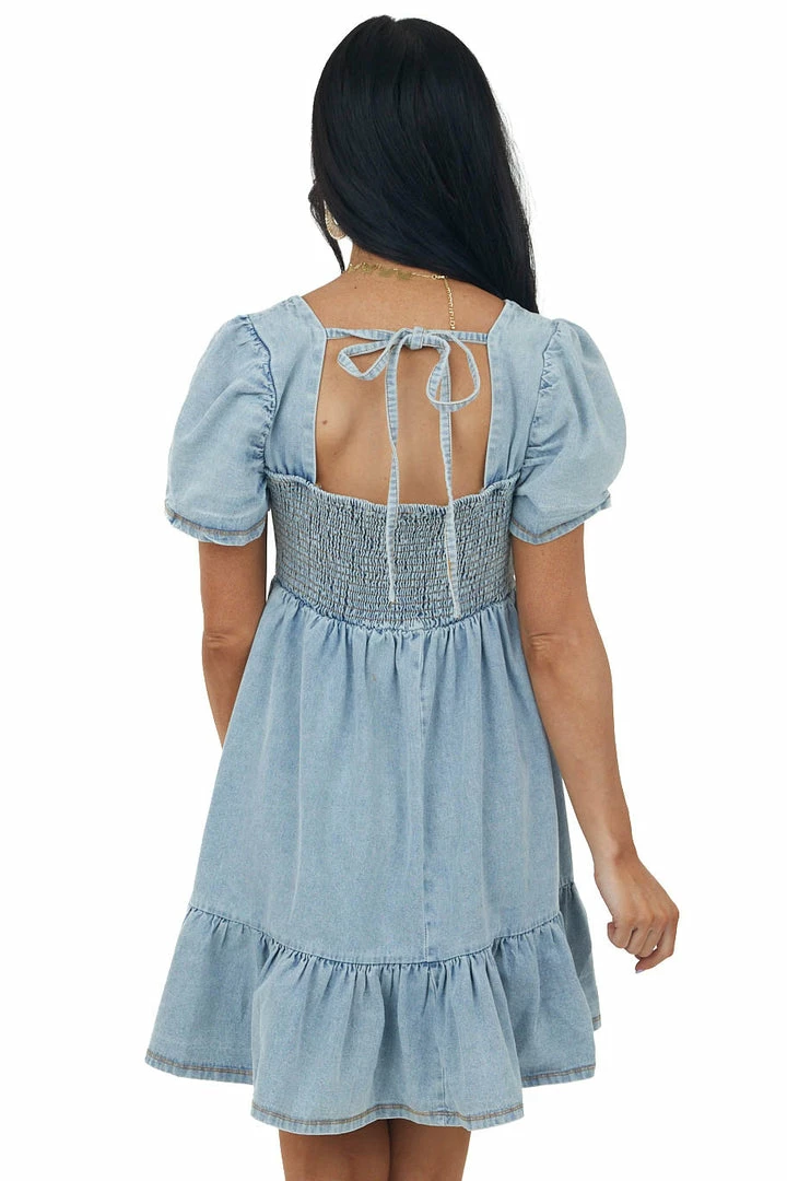 Umgee Light Wash Denim Smocked Puff Sleeve Mini Dress 7 Umgee Light Wash Denim Smocked Puff Sleeve Mini Dress