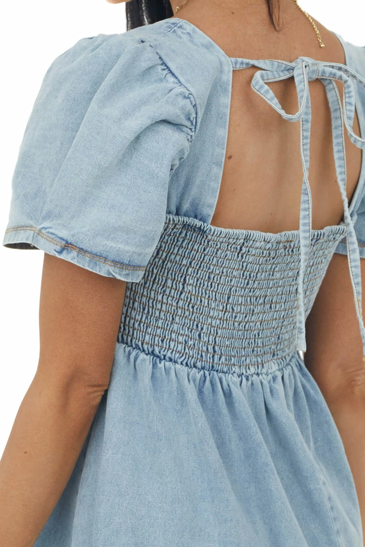Umgee Light Wash Denim Smocked Puff Sleeve Mini Dress 8 Umgee Light Wash Denim Smocked Puff Sleeve Mini Dress