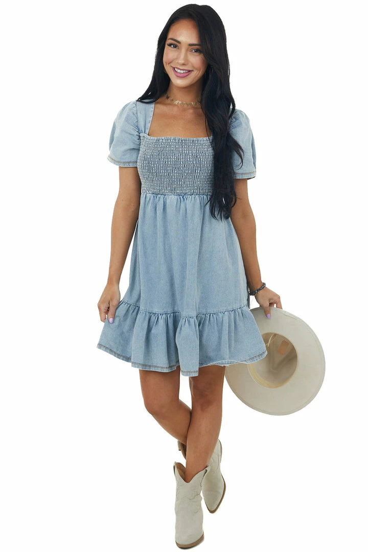 Umgee Light Wash Denim Smocked Puff Sleeve Mini Dress 4 Umgee Light Wash Denim Smocked Puff Sleeve Mini Dress